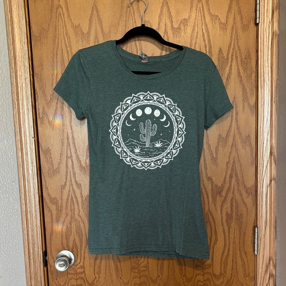 Dark Green Graphic Tee with Moon and Cactus Design
